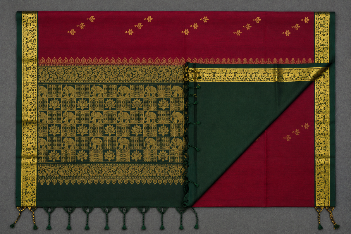 Maroon Pure Silk Handloom Saree with Bottle Green Contrast Pallu